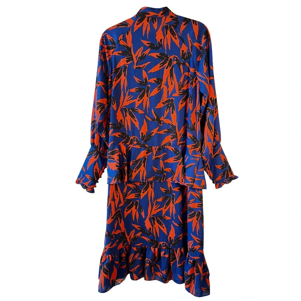 Walter Baker Large Ruffled Button Down High Collar Dress Orange Leaf Pattern